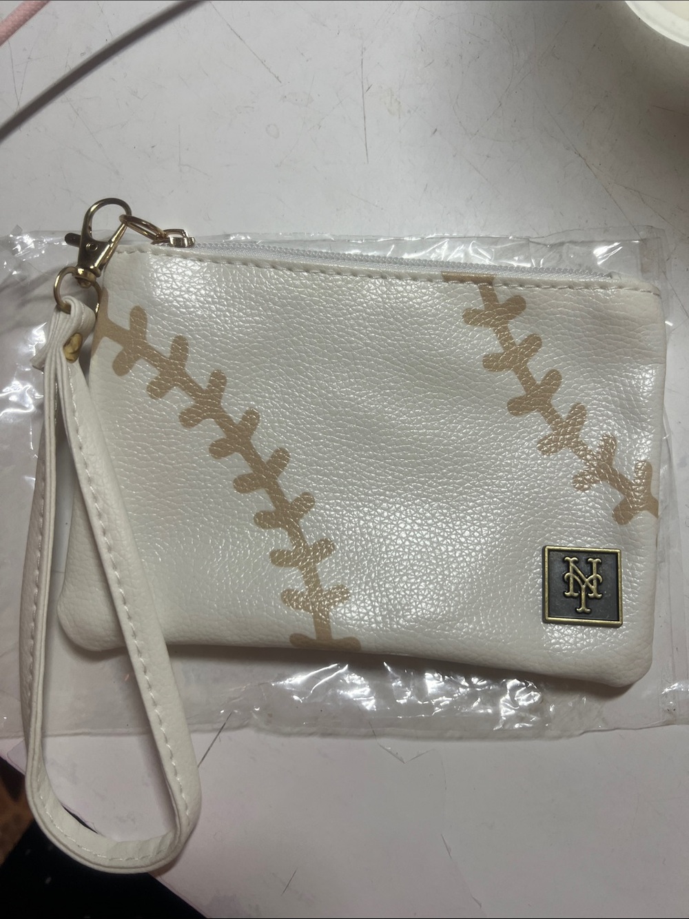 White Baseball-Stitch Wristlet Pouch with Gold Accent NY Mets. New in bag.